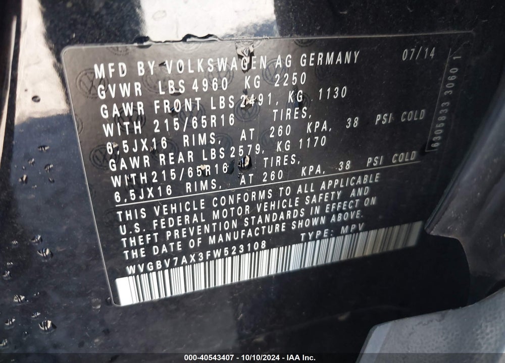 2015 VOLKSWAGEN TIGUAN S VIN: WVGBV7AX3FW523108