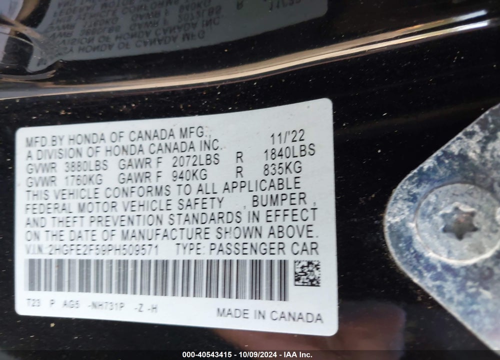 2023 HONDA CIVIC SPORT VIN: 2HGFE2F59PH509571