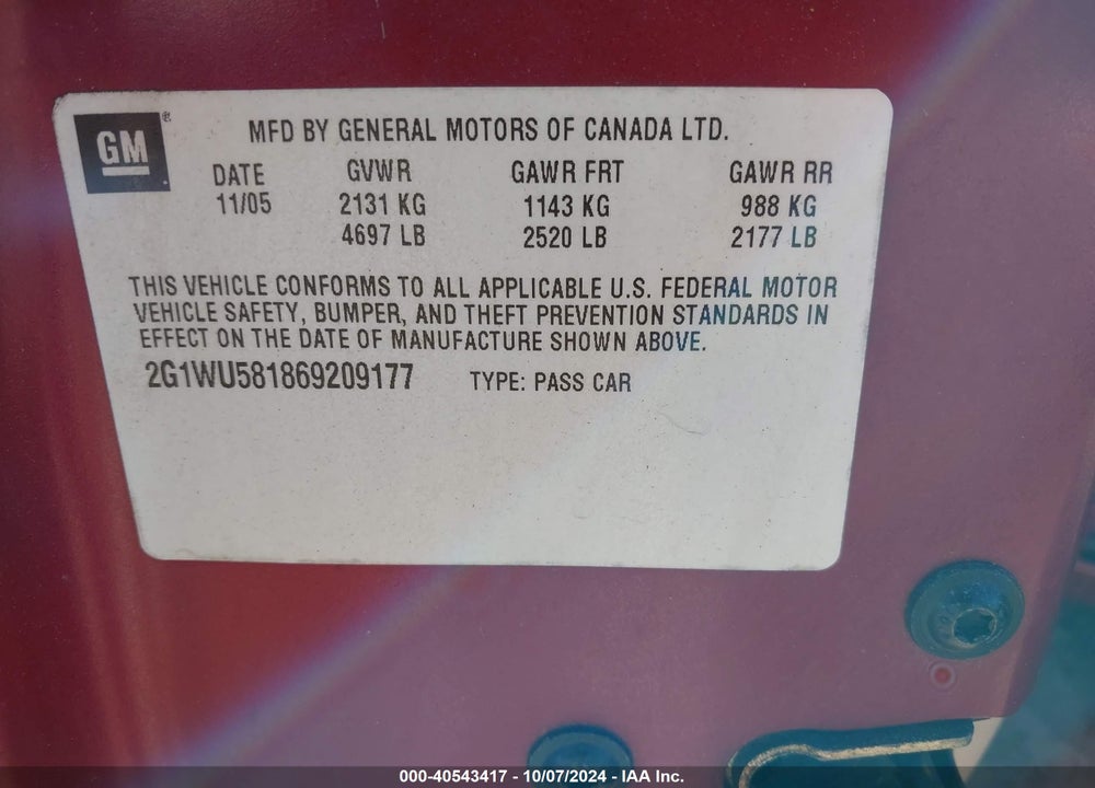 2006 CHEVROLET IMPALA LTZ VIN: 2G1WU581869209177