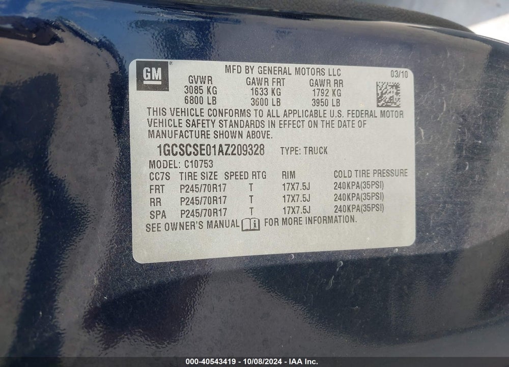 2010 CHEVROLET SILVERADO 1500 LT VIN: 1GCSCSE01AZ209328