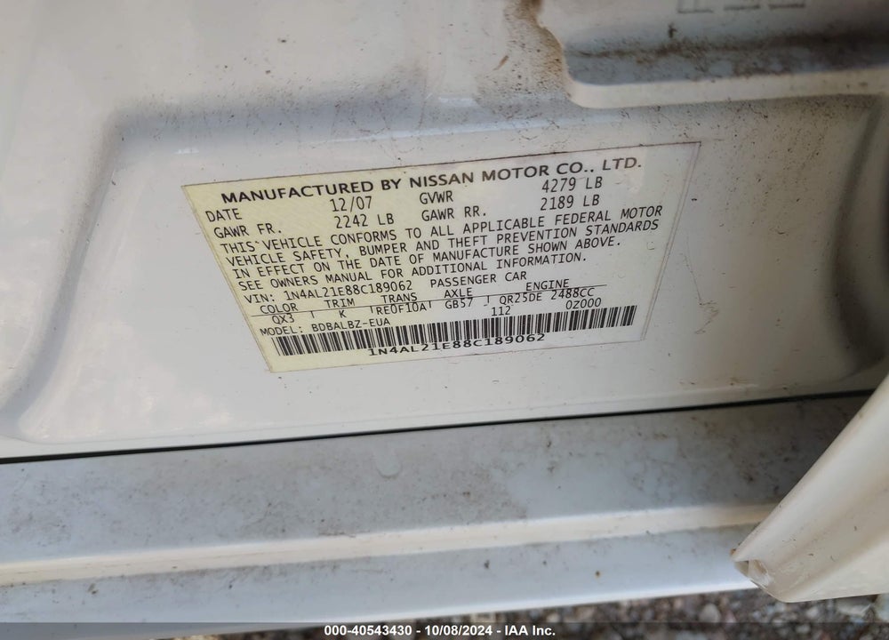 2008 NISSAN ALTIMA 2.5 S VIN: 1N4AL21E88C189062