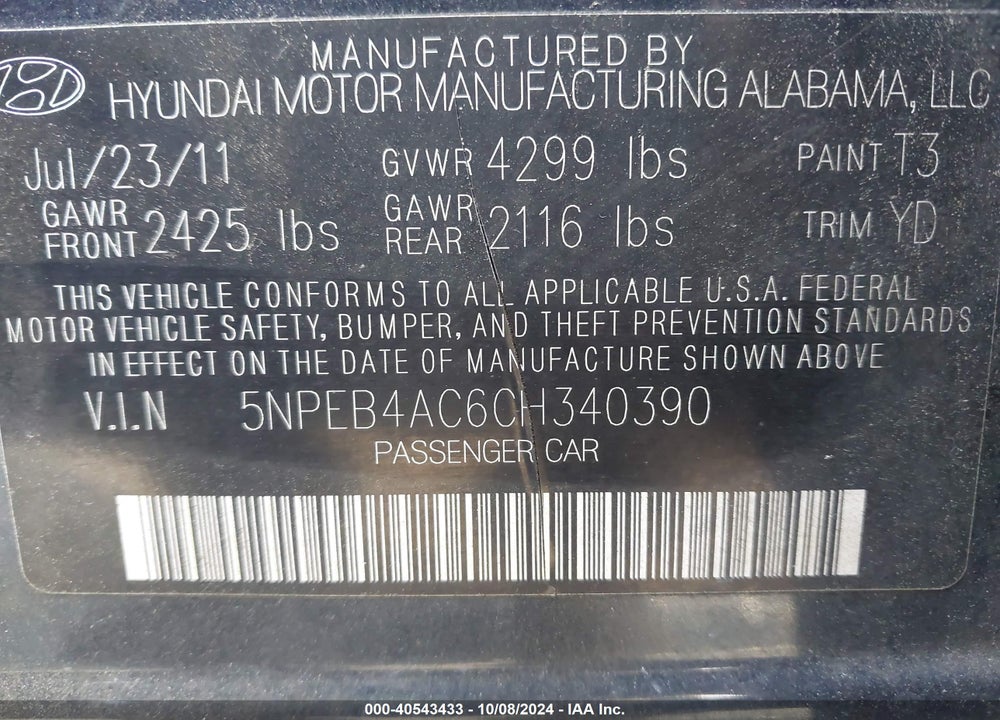 2012 HYUNDAI SONATA GLS VIN: 5NPEB4AC6CH340390