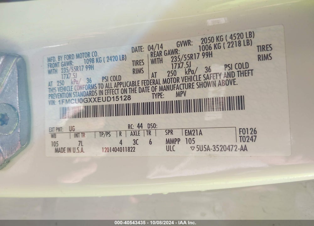 2014 FORD ESCAPE SE VIN: 1FMCU0GXXEUD15128