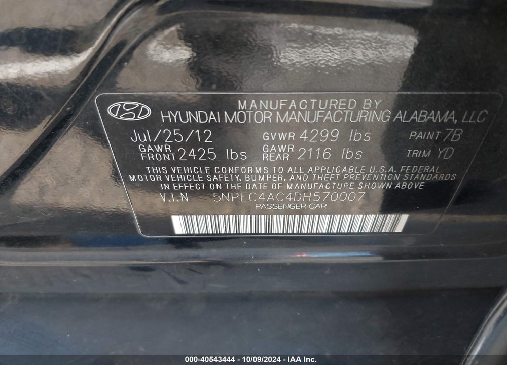 2013 HYUNDAI SONATA LIMITED VIN: 5NPEC4AC4DH570007