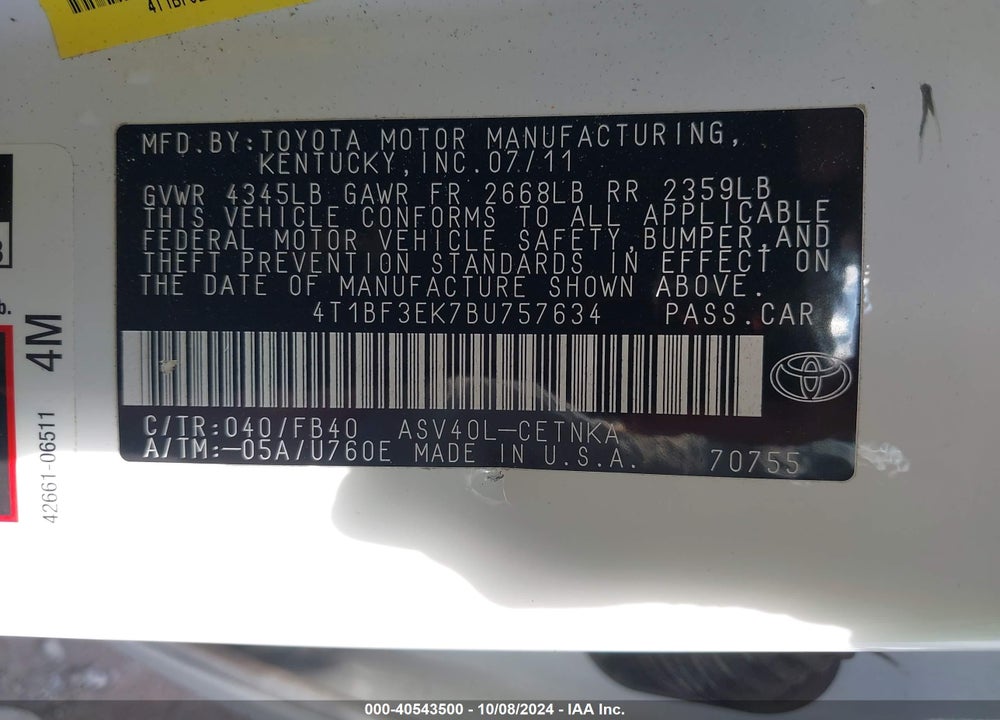 2011 TOYOTA CAMRY LE VIN: 4T1BF3EK7BU757634
