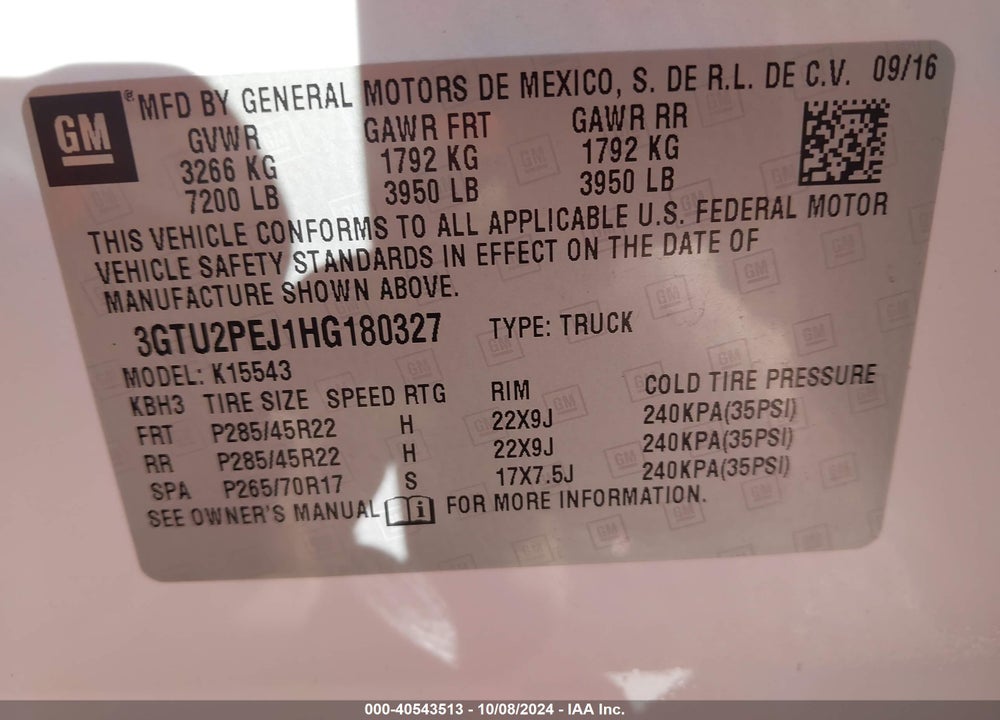 2017 GMC SIERRA 1500 DENALI VIN: 3GTU2PEJ1HG180327