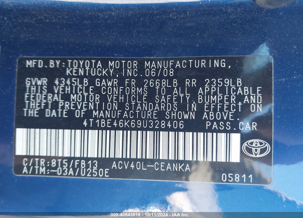 2009 TOYOTA CAMRY VIN: 4T1BE46K69U328406
