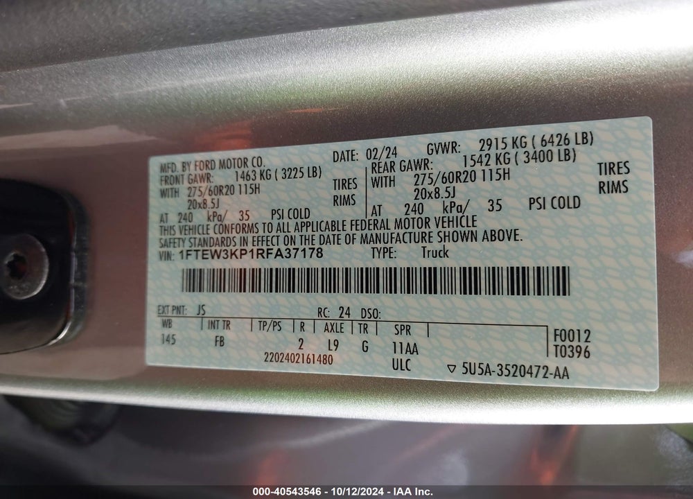 2024 FORD F-150 XLT VIN: 1FTEW3KP1RFA37178