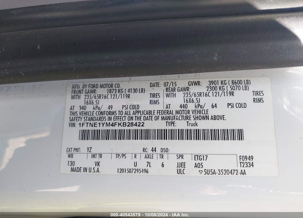 2015 FORD TRANSIT-150 VIN: 1FTNE1YM4FKB28422