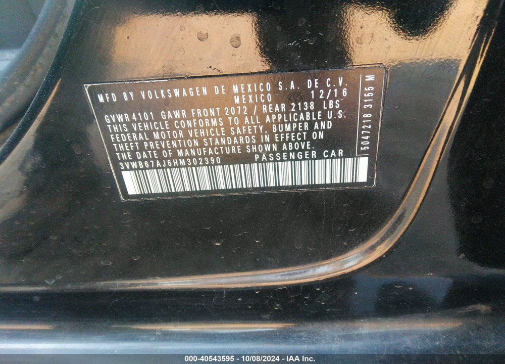 2017 VOLKSWAGEN JETTA 1.4T SE VIN: 3VWB67AJ6HM302390
