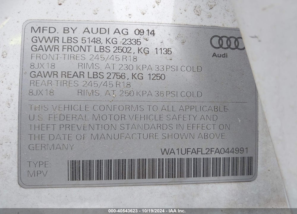 2015 AUDI ALLROAD 2.0T PREMIUM VIN: WA1UFAFL2FA044991