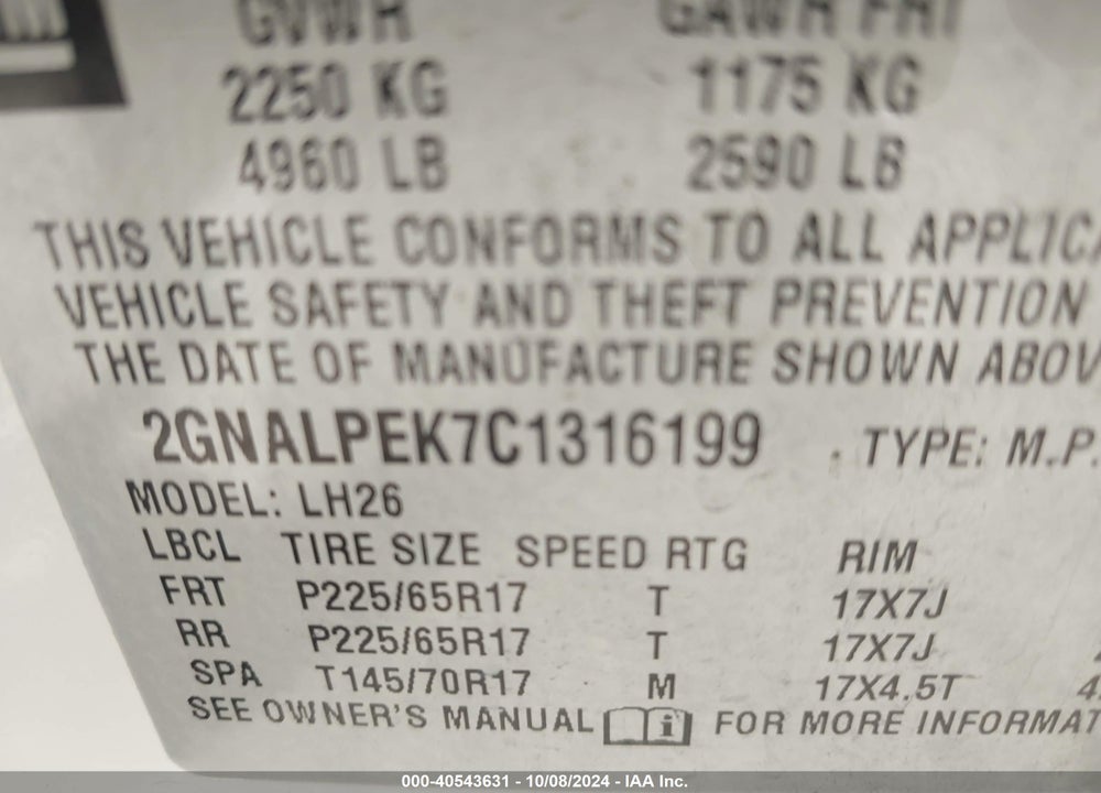2012 CHEVROLET EQUINOX 2LT VIN: 2GNALPEK7C1316199