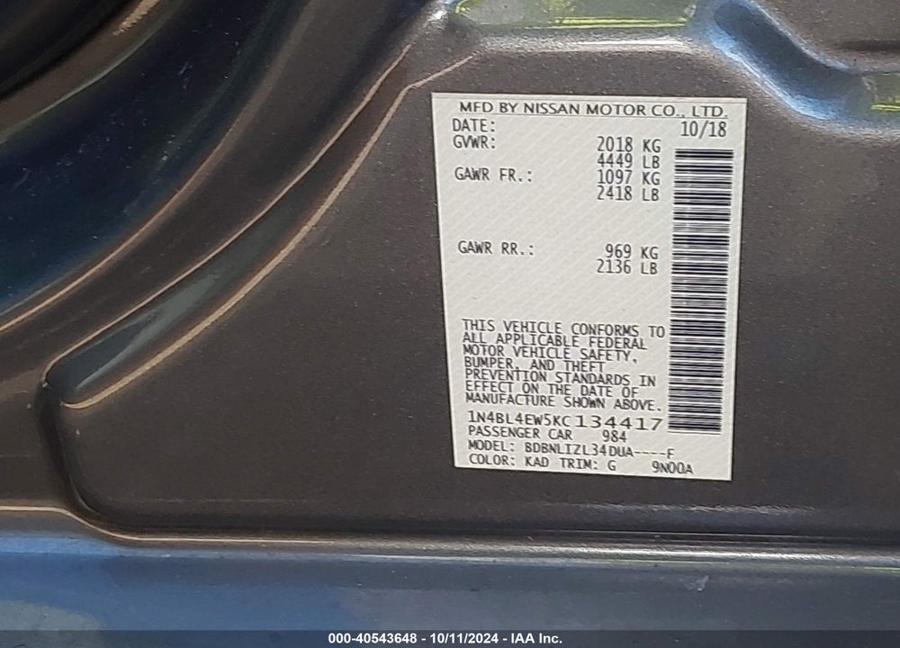 2019 NISSAN ALTIMA 2.5 SL VIN: 1N4BL4EW5KC134417