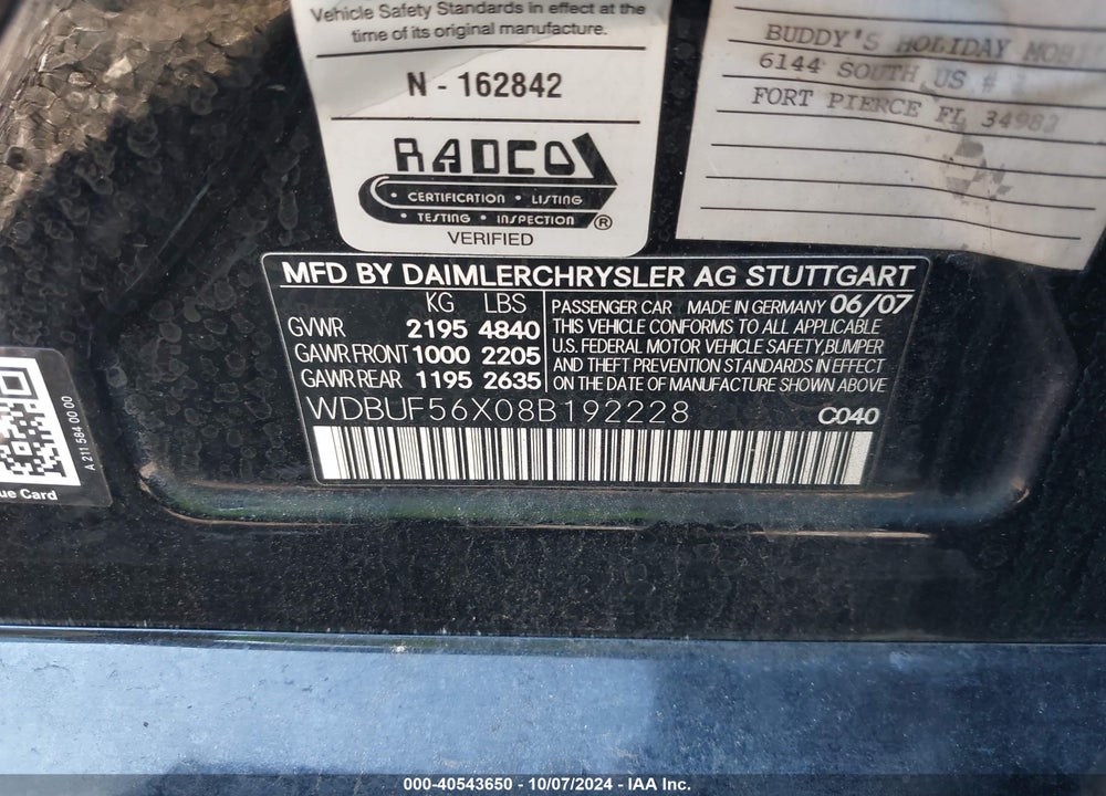 2008 MERCEDES-BENZ E 350 VIN: WDBUF56X08B192228
