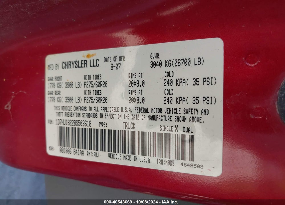 2008 DODGE RAM 1500 SLT VIN: 1D7HU18228S503618