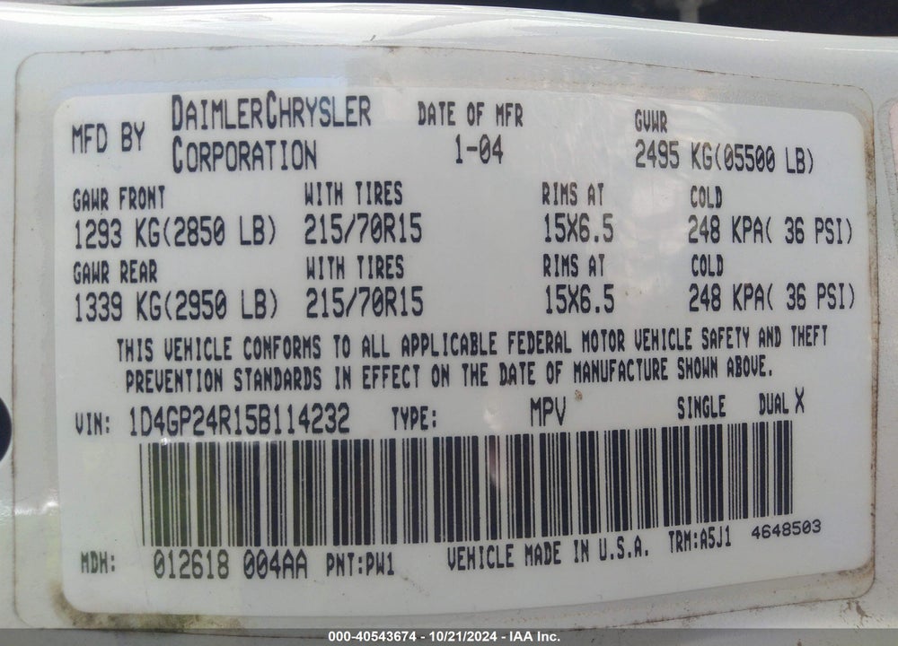 2005 DODGE GRAND CARAVAN SE VIN: 1D4GP24R15B114232