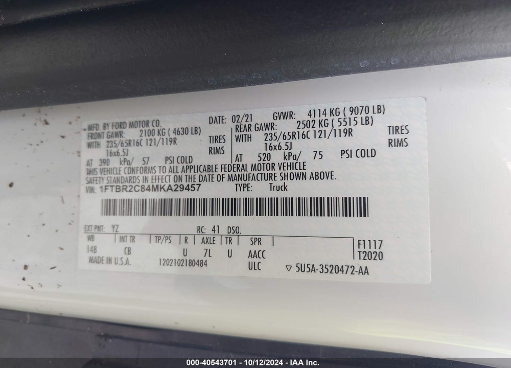2021 FORD TRANSIT-250 CARGO VAN VIN: 1FTBR2C84MKA29457