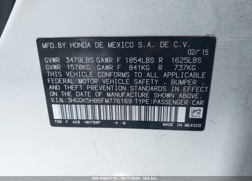 2015 HONDA FIT EX/EX-L VIN: 3HGGK5H86FM776169