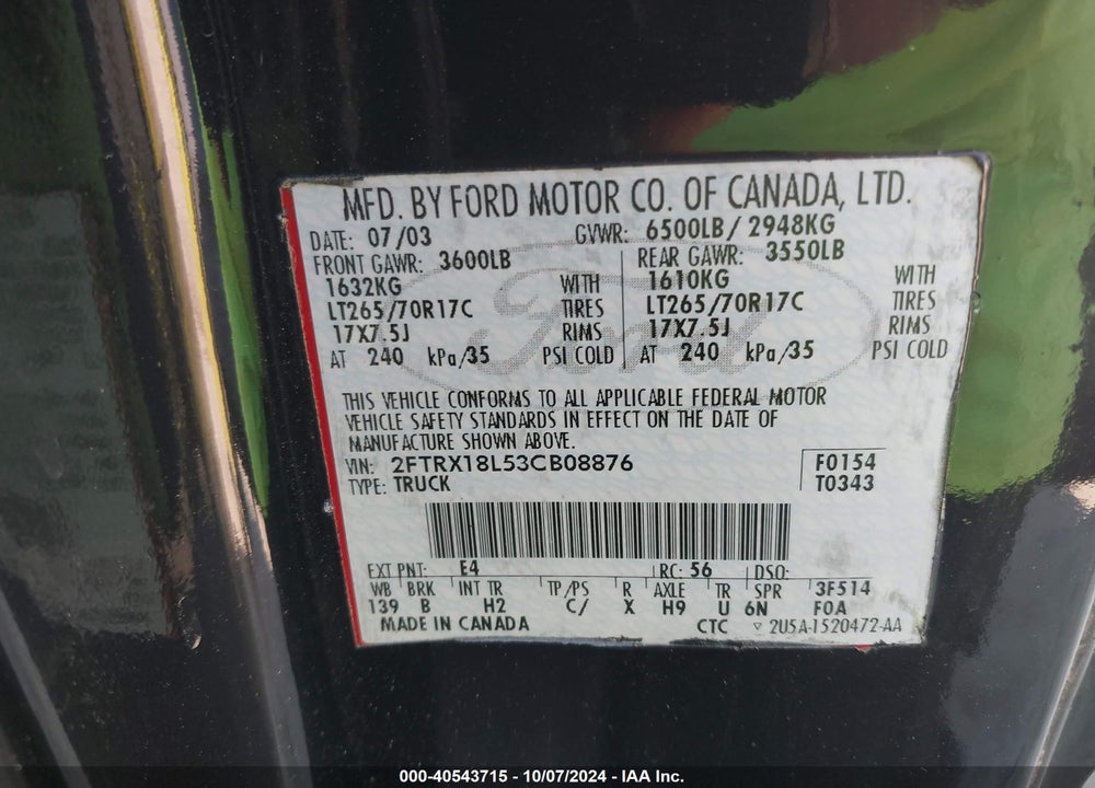 2003 FORD F-150 LARIAT/XL/XLT VIN: 2FTRX18L53CB08876