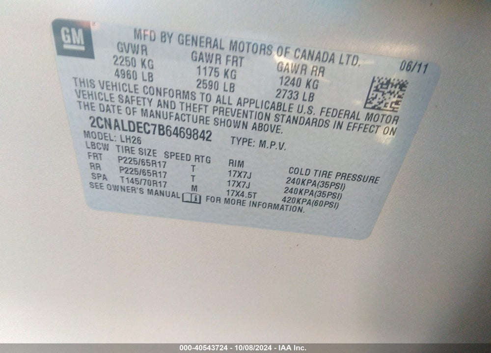 2011 CHEVROLET EQUINOX VIN: 2CNALDEC7B6469842