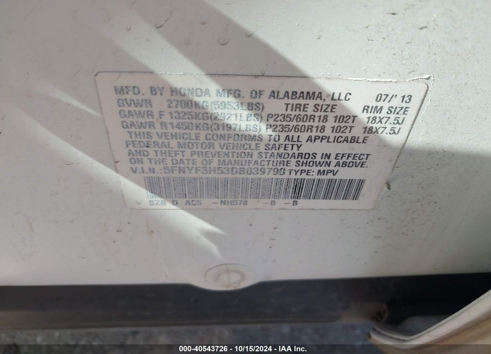2013 HONDA PILOT EX-L VIN: 5FNYF3H53DB039790
