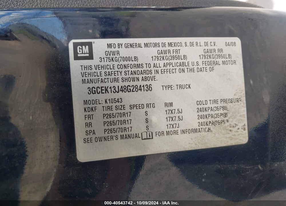 2008 CHEVROLET SILVERADO 1500 LT1 VIN: 3GCEK13J48G284136