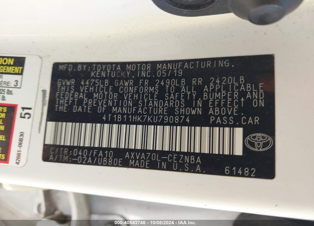 2019 TOYOTA CAMRY LE VIN: 4T1B11HK7KU790874