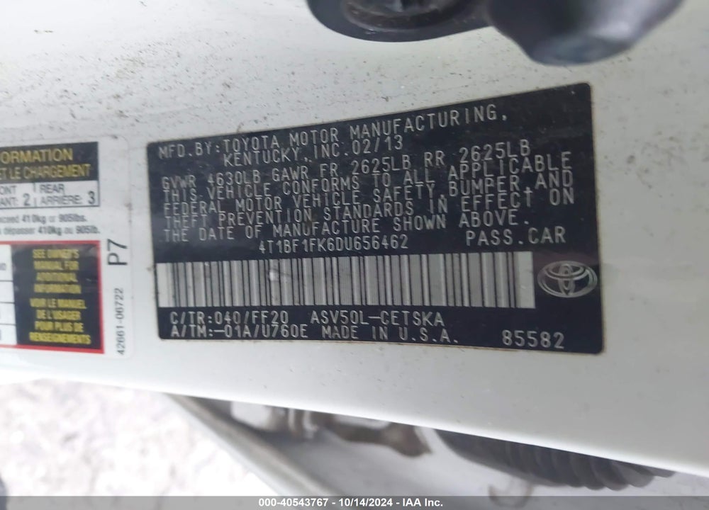 2013 TOYOTA CAMRY SE VIN: 4T1BF1FK6DU656462