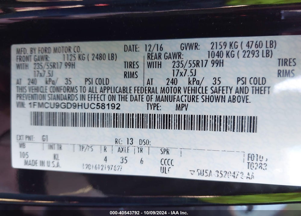 2017 FORD ESCAPE SE VIN: 1FMCU9GD9HUC58192