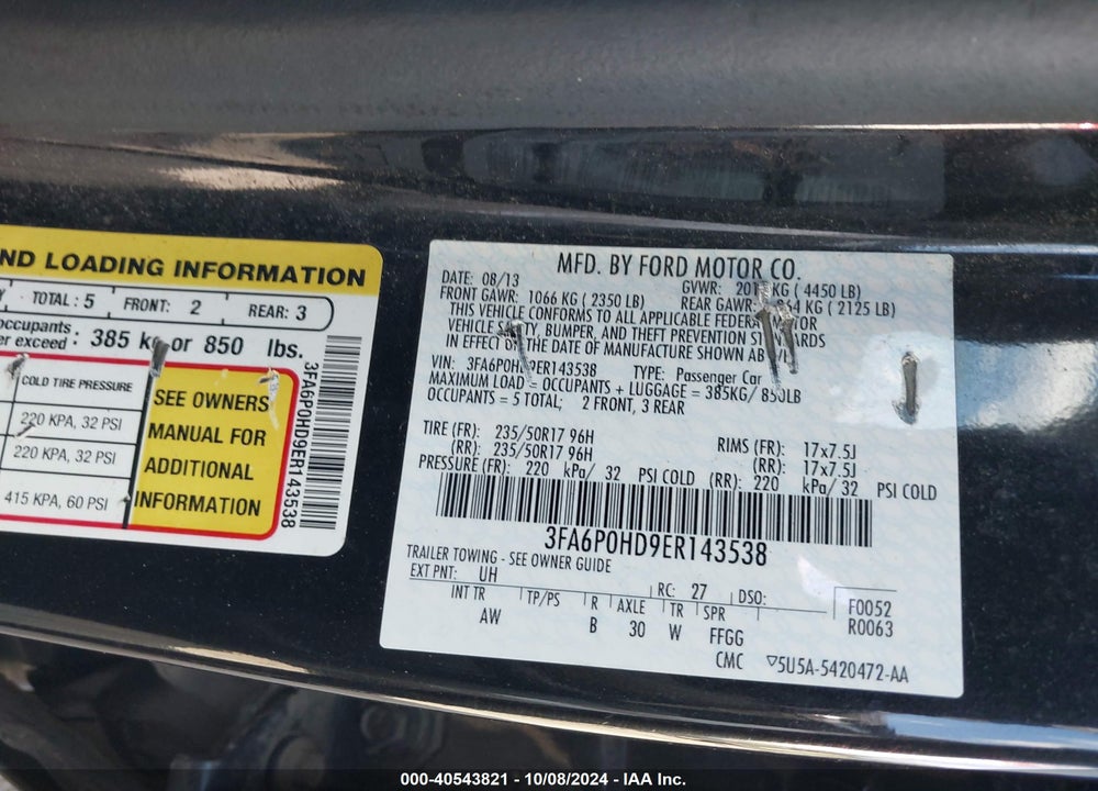 2014 FORD FUSION SE VIN: 3FA6P0HD9ER143538