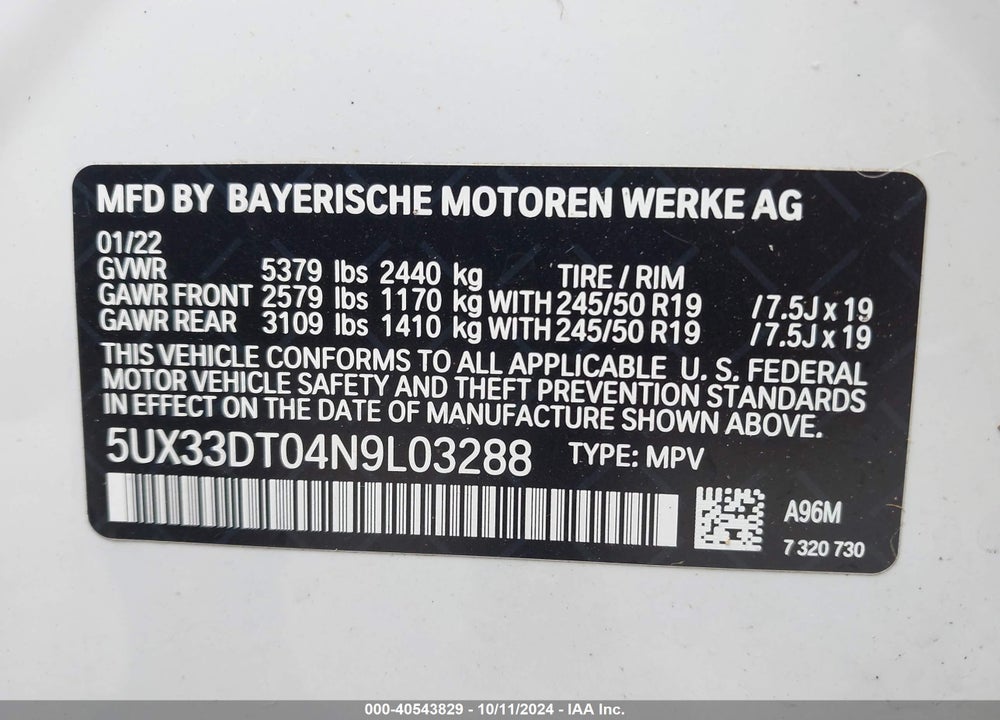 2022 BMW X4 XDRIVE30I VIN: 5UX33DT04N9L03288