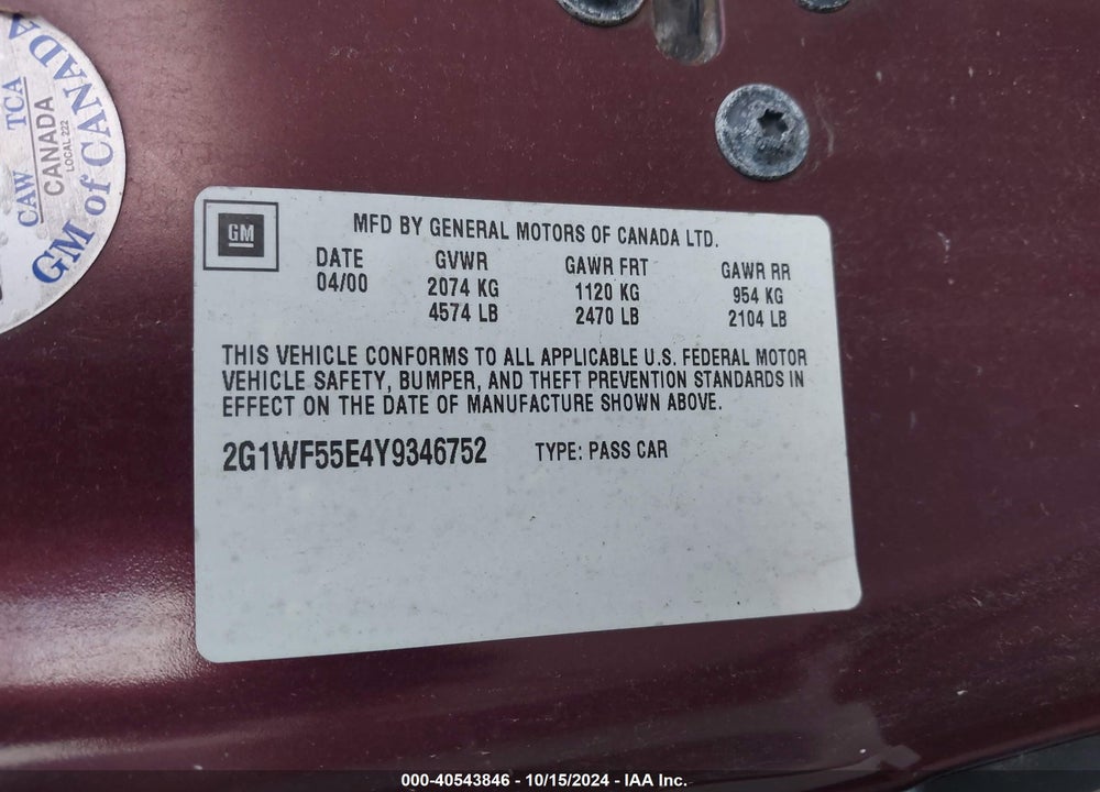 2000 CHEVROLET IMPALA VIN: 2G1WF55E4Y9346752