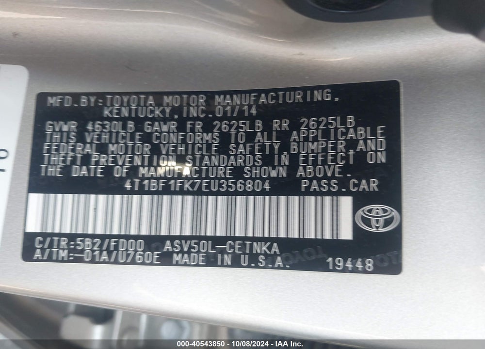 2014 TOYOTA CAMRY LE VIN: 4T1BF1FK7EU356804