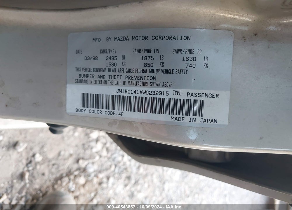 1998 MAZDA PROTEGE DX/LX VIN: JM1BC141XW0232915
