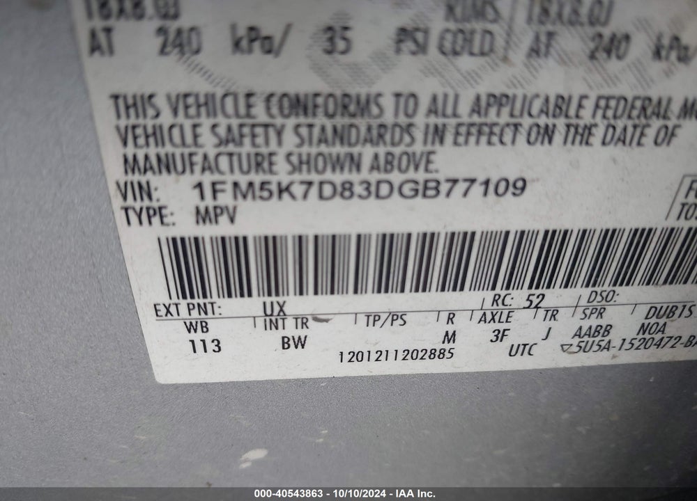 2013 FORD EXPLORER XLT VIN: 1FM5K7D83DGB77109