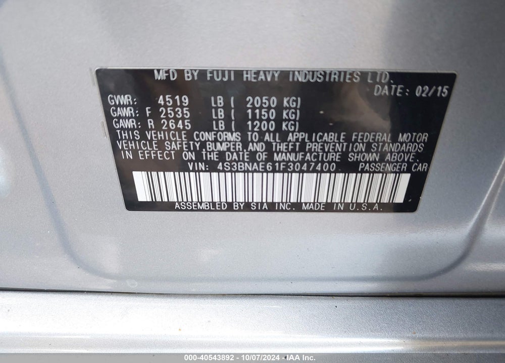 2015 SUBARU LEGACY 2.5I PREMIUM VIN: 4S3BNAE61F3047400