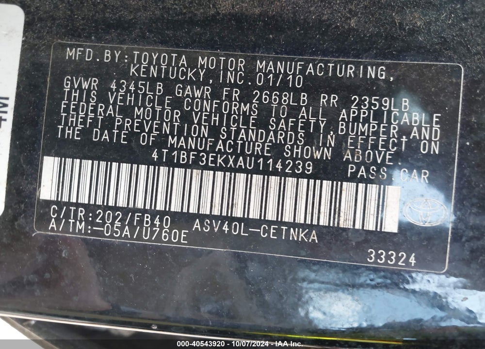 2010 TOYOTA CAMRY VIN: 4T1BF3EKXAU114239