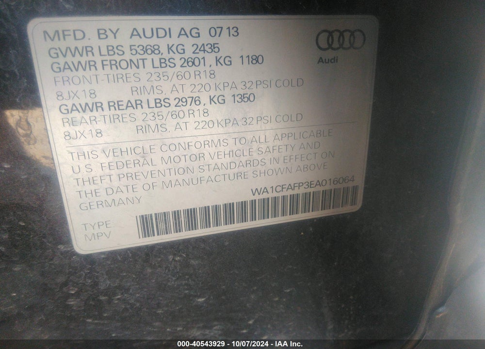 2014 AUDI Q5 2.0T PREMIUM VIN: WA1CFAFP3EA016064