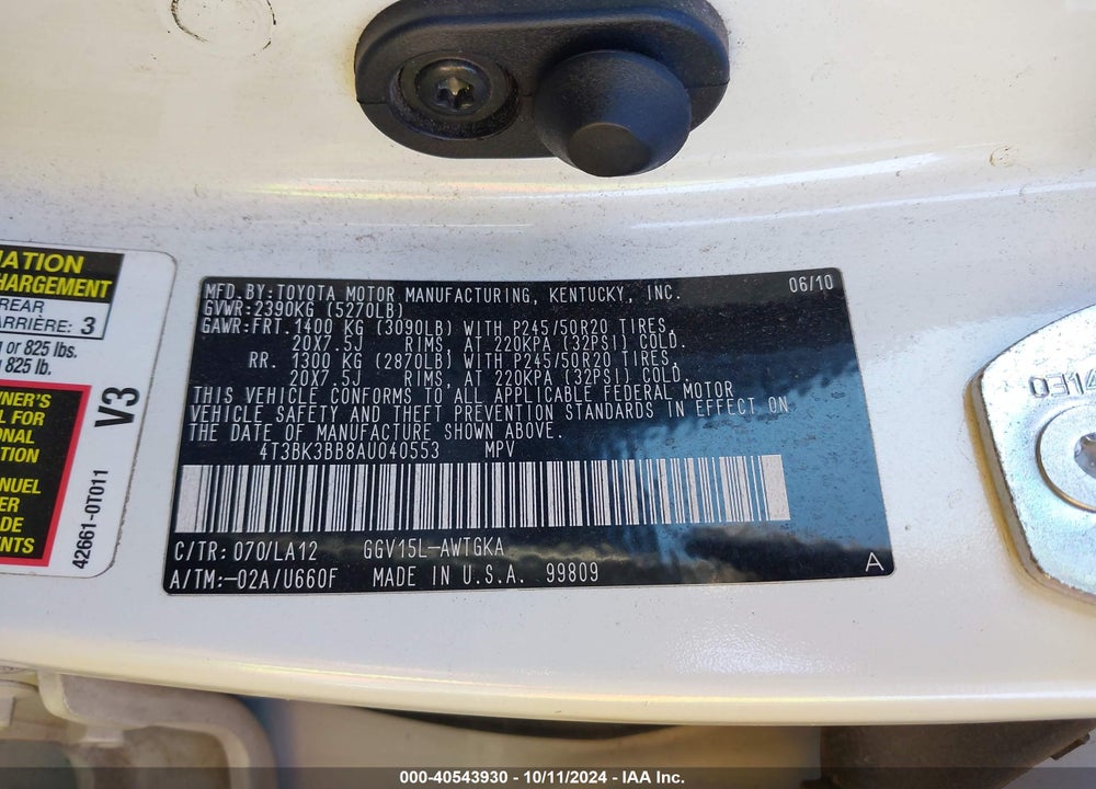 2010 TOYOTA VENZA BASE V6 VIN: 4T3BK3BB8AU040553