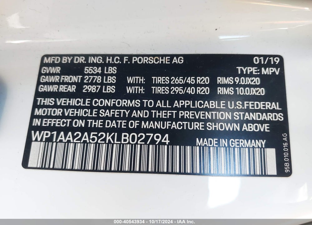 2019 PORSCHE MACAN VIN: WP1AA2A52KLB02794