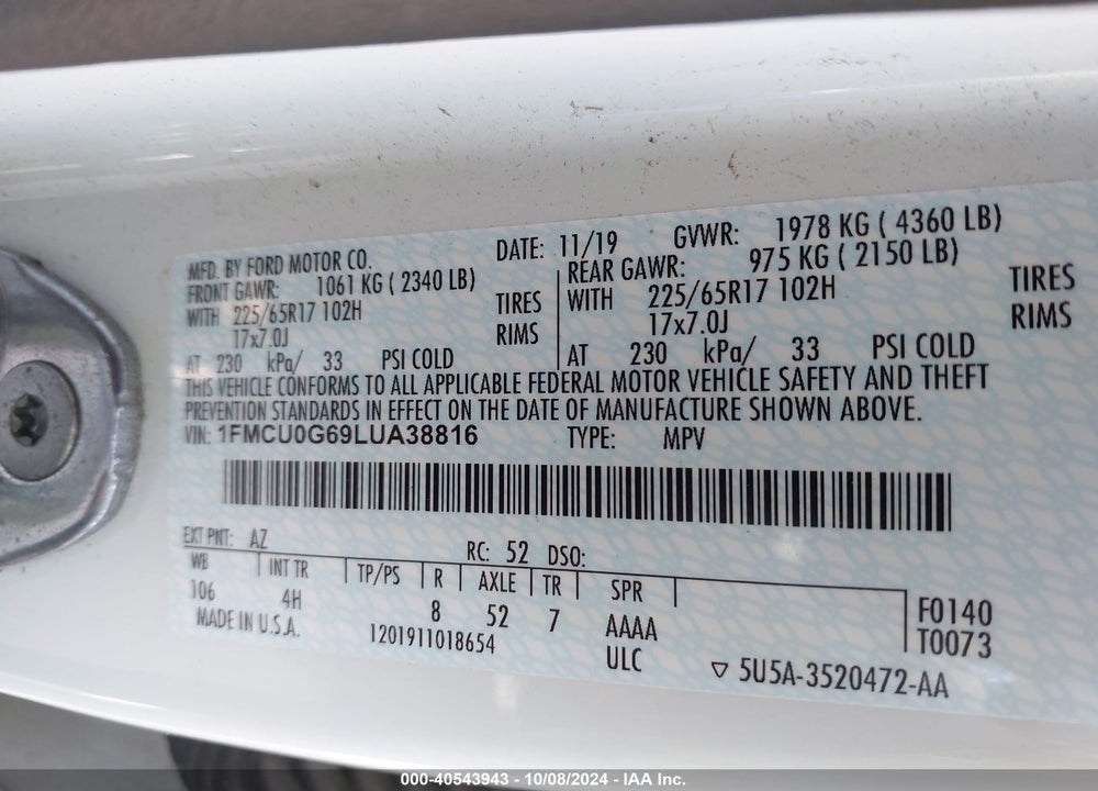 2020 FORD ESCAPE SE VIN: 1FMCU0G69LUA38816