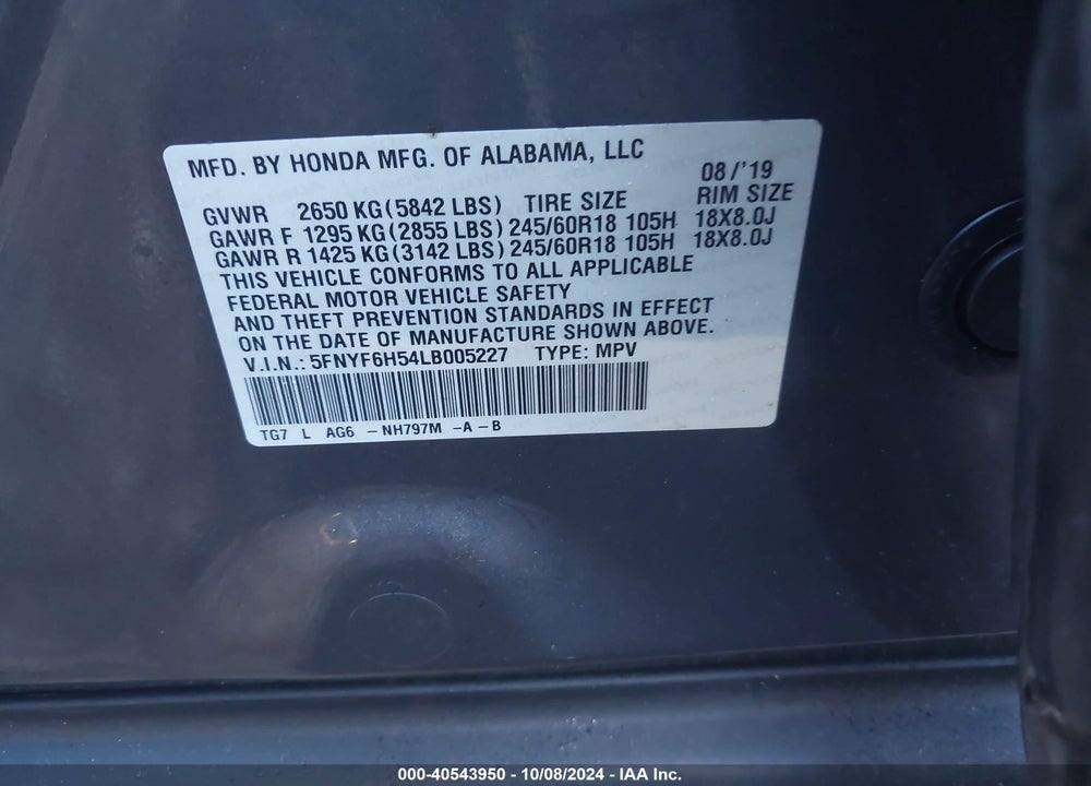 2020 HONDA PILOT AWD EX-L VIN: 5FNYF6H54LB005227