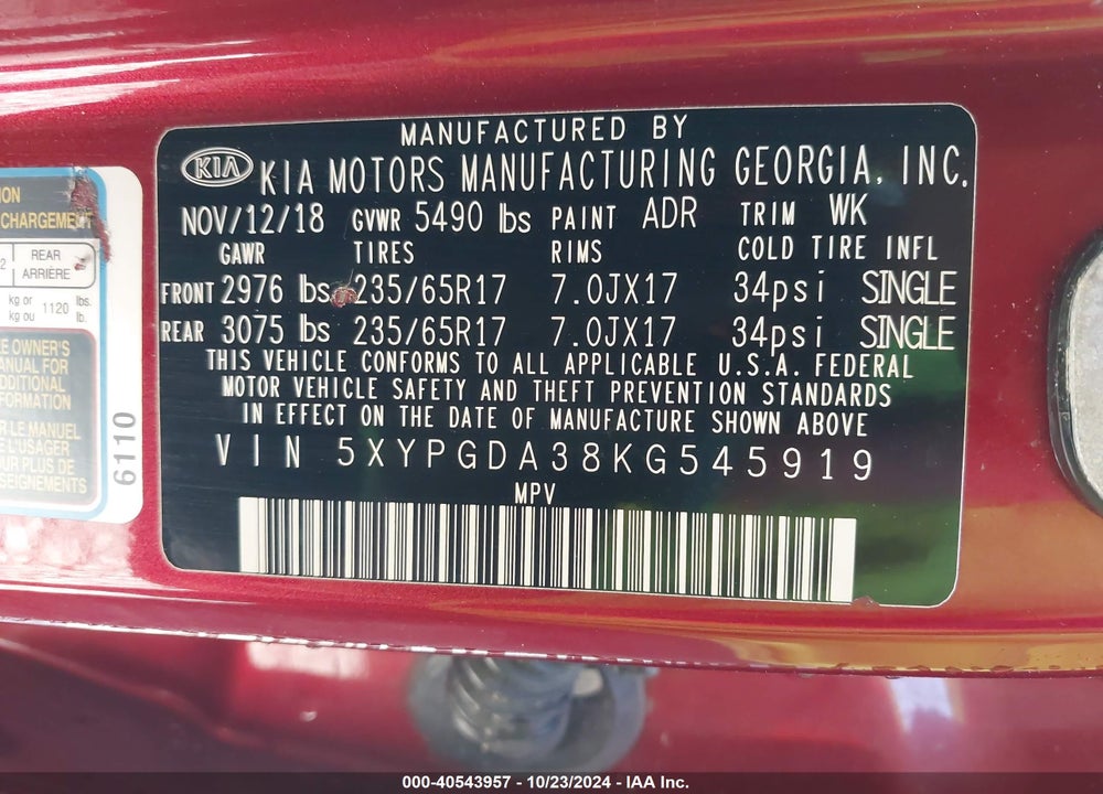 2019 KIA SORENTO 2.4L LX VIN: 5XYPGDA38KG545919