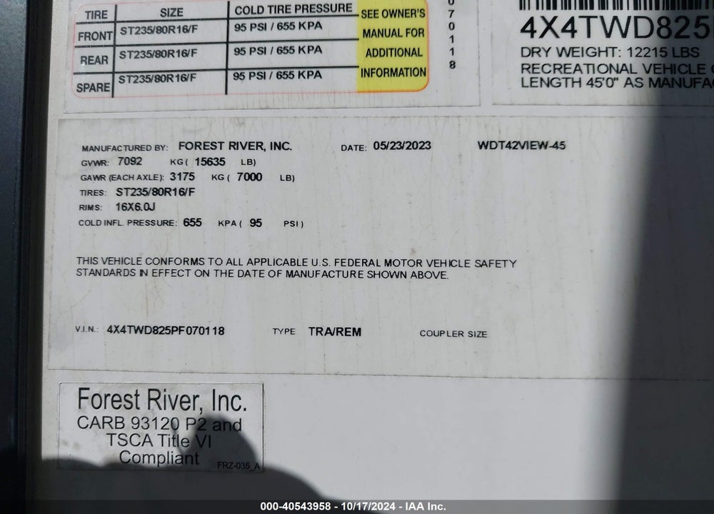 2023 FOREST RIVER OTHER VIN: 4X4TWD825PF070118