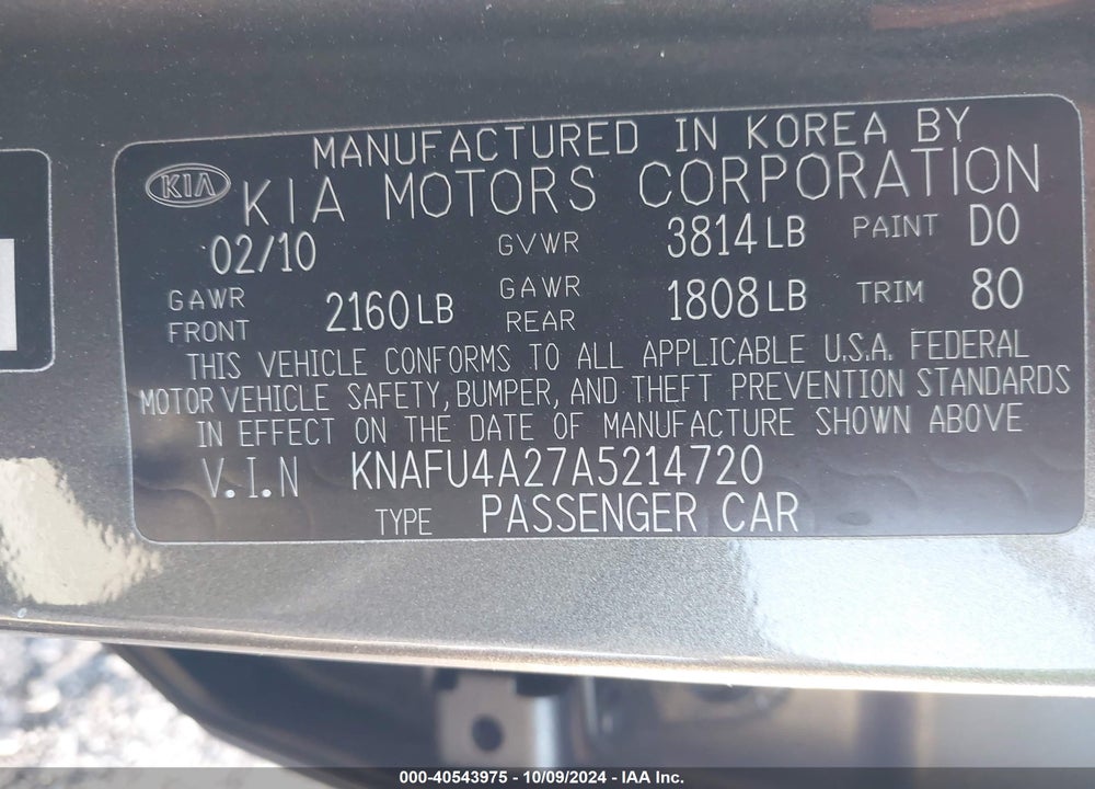 2010 KIA FORTE EX VIN: KNAFU4A27A5214720