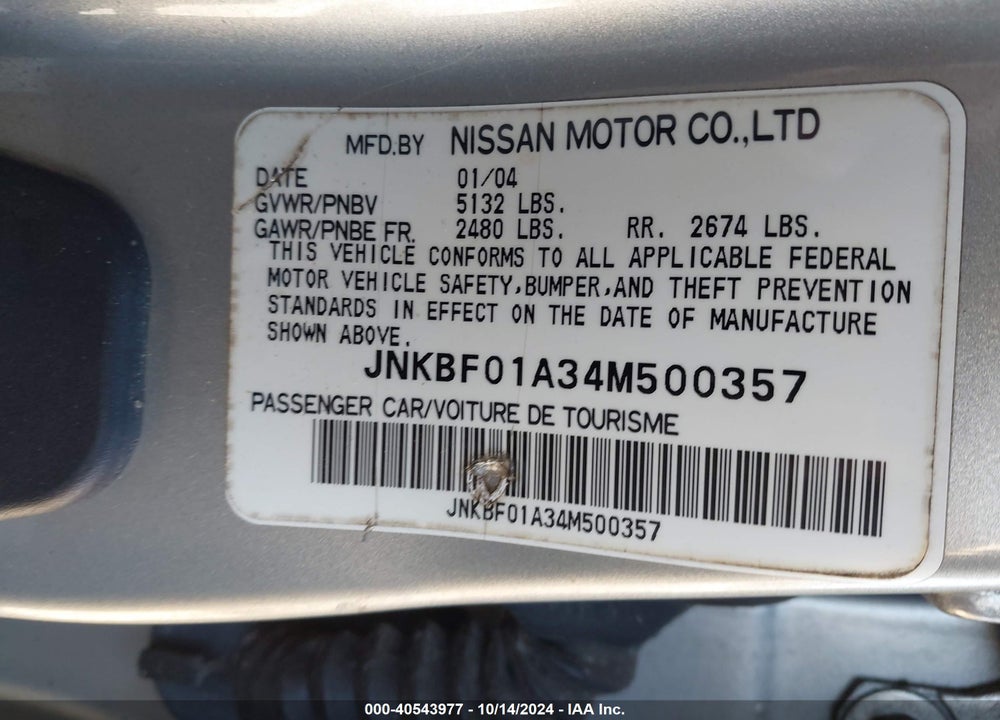 2004 INFINITI Q45 PREMIUM VIN: JNKBF01A34M500357