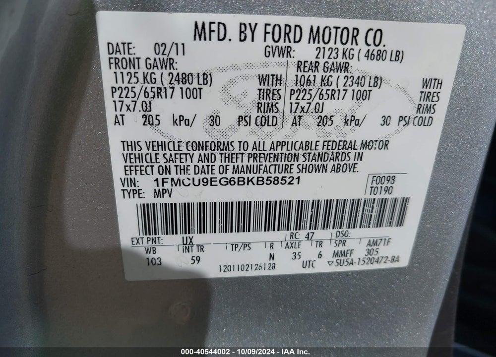 2011 FORD ESCAPE VIN: 1FMCU9EG6BKB58521