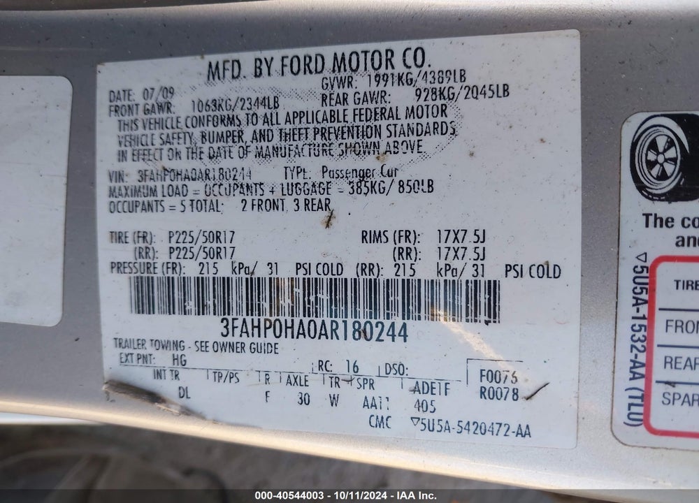 2010 FORD FUSION SE VIN: 3FAHP0HA0AR180244