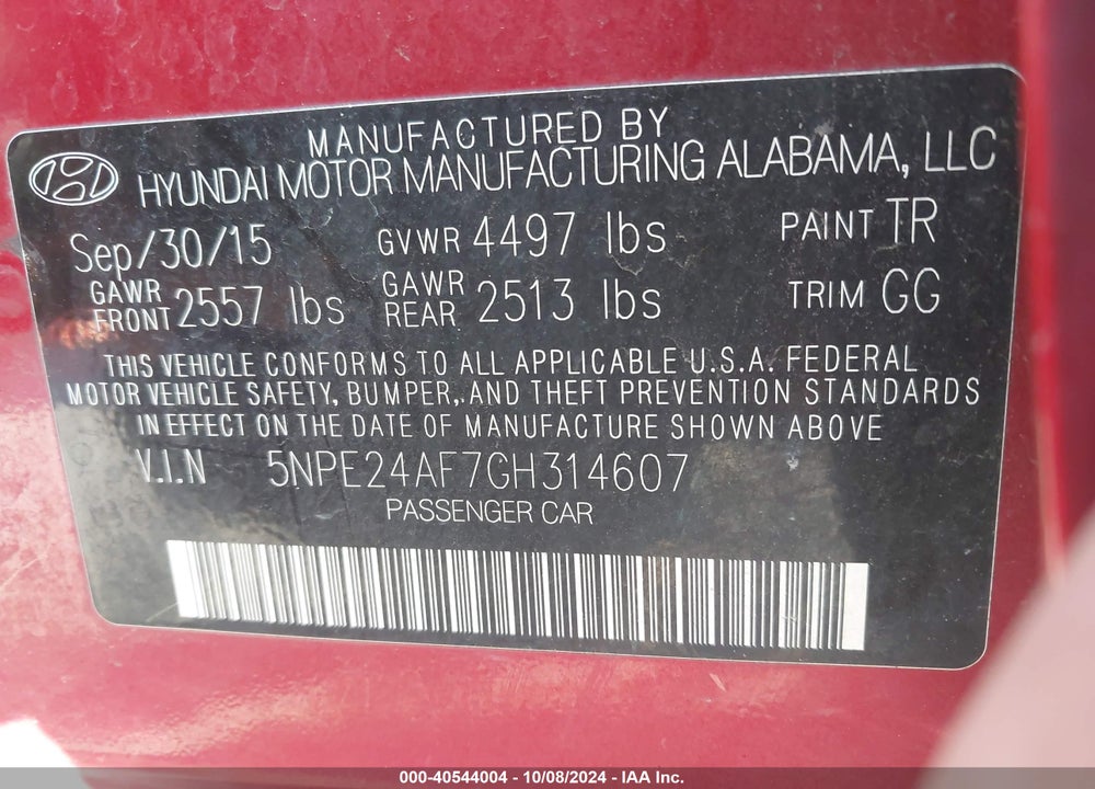 2016 HYUNDAI SONATA VIN: 5NPE24AF7GH314607