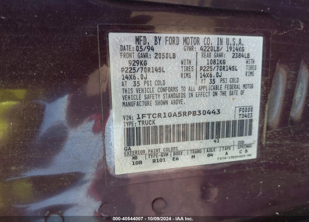 1994 FORD RANGER VIN: 1FTCR10A5RPB30443